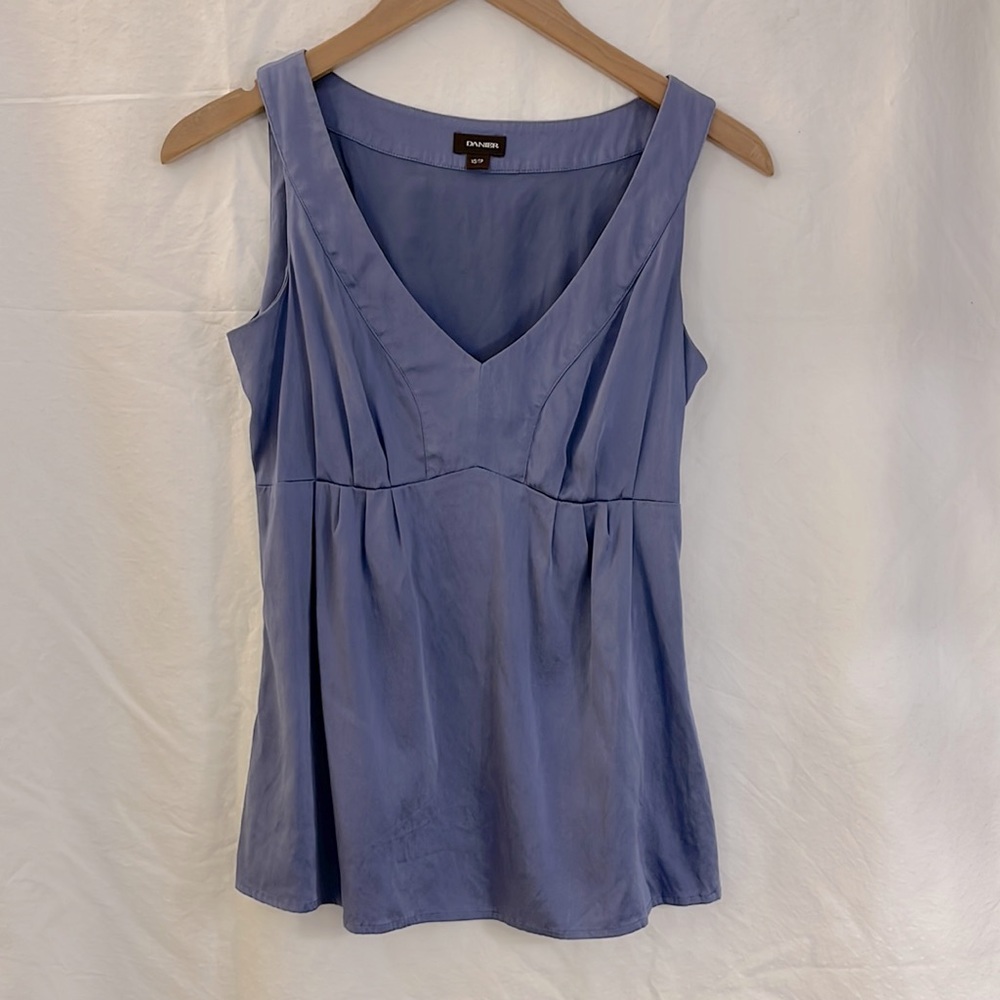 Danier Periwinkle Blue Stretch Silk V-Neck Empire Waist Peplum Top Women’s XS